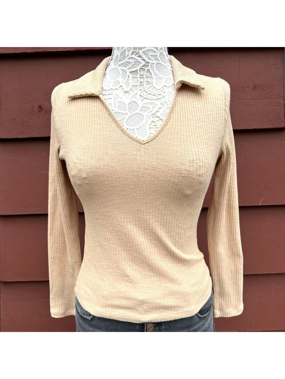 a.n.a A‎ New Approach Beige Ribbed Knit Polo Top Office Siren